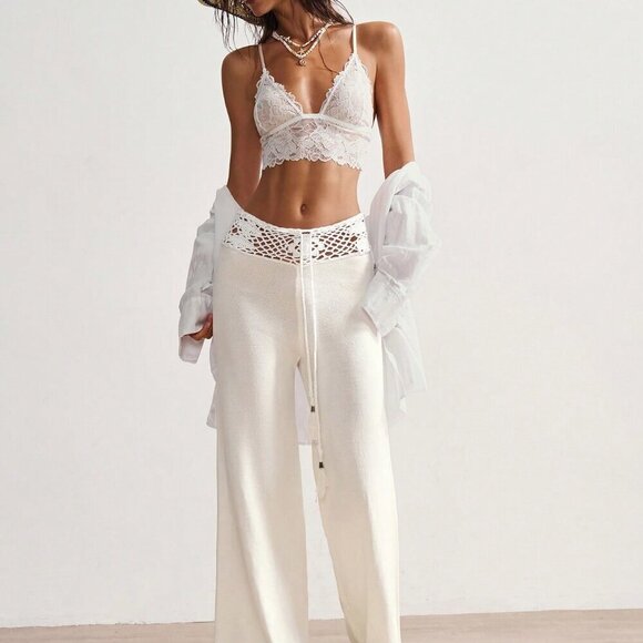 White Elegant Women's Boho Vacation Style Crocheted Waist Tie Knitted Pants - Picture 6 of 7